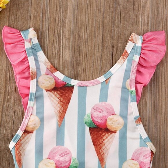 Girl girls toddler swimsuit one-piece ruffle bow ice cream cute adorable new - Picture 3 of 4
